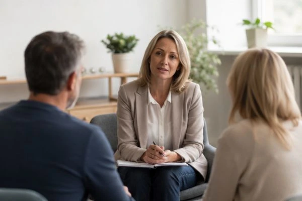 Couple discussing financial arrangement , pensions in divorce Enfield